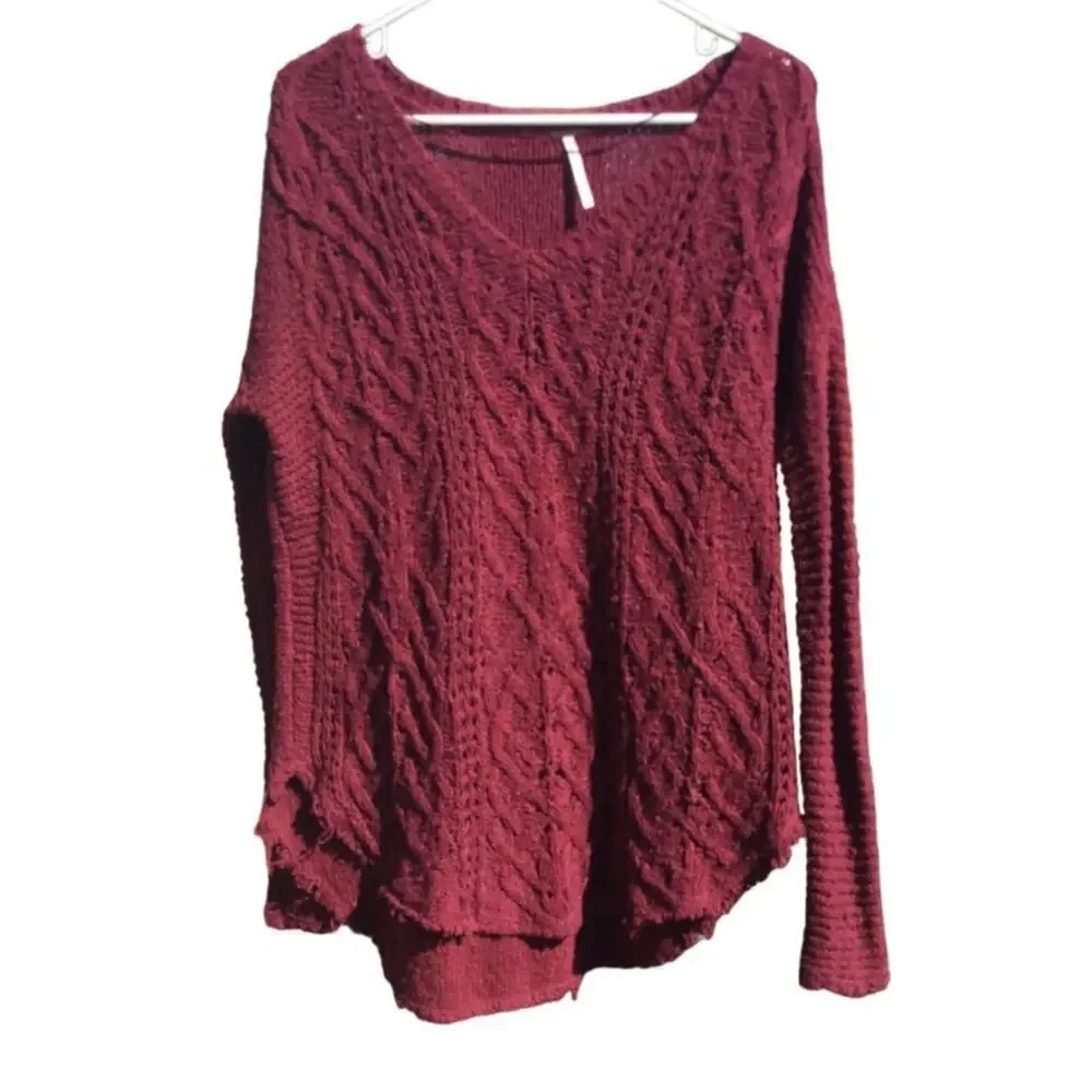 Free People Womens‎ Cable Knit Sweater Size XS Red Fall Boho Grunge Romantic